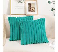 Uhomy Lot de 2 housses de coussin décoratives en fausse fourrure rayée de luxe super douces et moelleuses pour canapé, chambre, coussin épais et pelucheux de 40,6 x 40,6 pouces Turquoise 40 cm