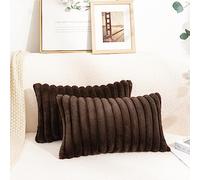 Uhomy Lot de 2 housses de coussin décoratives en fausse fourrure super douce de luxe, 30,5 x 50,8 cm, marron café rayé pour canapé, lit, canapé, salon Marron café 30x50 cm