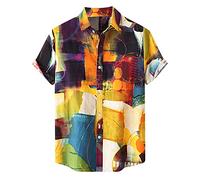 UHouse Chemise Hawaienne Homme Chemisette Manches Courtes Casual Vêtements Boutonné Col Mao Vetement Grande Taille Habit D'Été Respirant Leger Button Down Shirt Mes Commandes Passées Jaune XXL