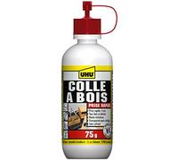 UHU Colle à Bois Express- Colle Bois Vinylique Extra Forte et Séchage Rapide - Résistante à l'Humidité (D2) - Sans Solvant - Transparente après Séchage - Bouteille de 75 g