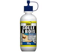 UHU Colle à bois waterproof- Plus forte que le bois, résiste à l'eau, l'intérieur et l'extérieur, D3, sans solvants, embout de précision, transparente, biberon 75g