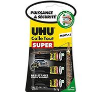 UHU Colle tout super - Colle instantanée gel super puissante, super rapide et super résistante, sans solvants, transparente, minis tubes 3 x 1g