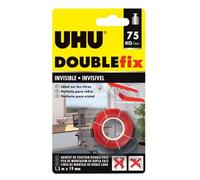 UHU Doublefix - Ruban Adhésif Double Face Invisible Intérieur/Extérieur | Extra-Fort 75kg / rouleau - Multi-Supports : Métal, Carrelage, Plastique, Verre, Bois, Pierre - Transparent - 1,50 m x 19 mm