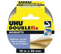 UHU Doublefix - Ruban Adhésif Double Face Moquette/Tapis - Fixation Extra-Forte et Durable- Multi-Supports : Métal, Carrelage, Plastique, Verre, Bois, Plâtre, Pierre -Blanc - Rouleau de 10 m x 50 mm