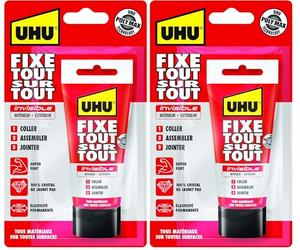 UHU Fixe tout sur tout invisible- Colle de fixation transparente pour coller, assembler et jointer, technologie SMP polymer, sans solvants, transparente, tube 75g (Lot de 2)