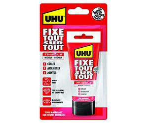 UHU Fixe tout sur tout invisible- Colle de fixation transparente pour coller, assembler et jointer, technologie SMP polymer, sans solvants, transparente, tube 75g