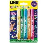 UHU Glitter Glue glow in the dark - Idéale loisir créatif, formule adaptée pour les enfants, lavable, multicolore, 5 tubes 10ml