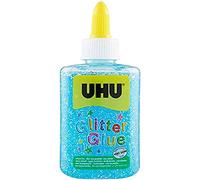 UHU Glitter Glue - Idéale loisir créatif, formule adaptée pour les enfants, lavable, bleu, bouteille de 88,5ml