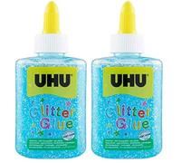 UHU Glitter Glue - Idéale loisir créatif, formule adaptée pour les enfants, lavable, bleu, bouteille de 88,5ml (Lot de 2)