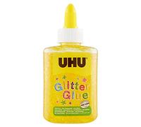 UHU Glitter Glue - Idéale loisir créatif, formule adaptée pour les enfants, lavable, jaune, bouteille de 88,5ml