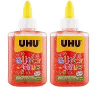 UHU Glitter Glue - Idéale loisir créatif, formule adaptée pour les enfants, lavable, rouge, bouteille de 88,5ml (Lot de 2)
