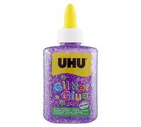 UHU Glitter Glue - Idéale loisir créatif, formule adaptée pour les enfants, lavable, violet, bouteille de 88,5ml