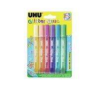 UHU Glitter Glue Shiny - Idéale loisir créatif, formule adaptée pour les enfants, lavable, multicolore, 6 tubes 10ml