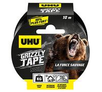 UHU Grizzly Tape - Ruban Adhésif Toilé Waterproof - En PE Extrudé - Fixation Extra-Forte & Durable - Usage Intérieur/Extérieur - Se Déchire à la Main - Ruban Noir de 10 m x 50 mm