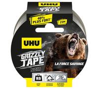 UHU Grizzly Tape - Ruban Adhésif Toilé Waterproof - En PE Extrudé - Fixation Extra-Forte & Durable - Usage Intérieur/Extérieur - Se Déchire à la Main - Ruban Noir de 25 m x 50 mm