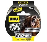 UHU Grizzly Tape - Ruban Adhésif Toilé Waterproof - En PE Extrudé - Fixation Extra-Forte & Durable - Usage Intérieur/Extérieur - Se Déchire à la Main - Ruban Gris de 10 m x 50 mm