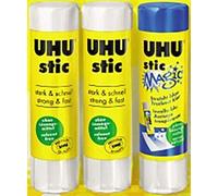 UHU - LOT DE 3 TUBES DE COLLES STIC 8,2 GR : 2 TUBES DE COLLE BLANCHE + 1 TUBE DE COLLE BLEUE MAGIC