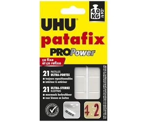 UHU Patafix ProPower - Pastilles Adhésives Double Face Tous Supports | Fixation Rapide, Repositionnable et Ultra Forte Jusqu'à 4 Kg - Testées Sous Contrôle Dermatologique - Blanches - 21 Pastilles