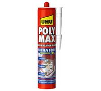 UHU Poly Max extra fort- Mastic/colle de fixation MSP pour coller, assembler et jointer, toutes surfaces, séchage rapide, sans solvants, blanc, cartouche 425 g