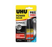 UHU Power Glue - Glue Extra-Forte Supergel - Multi-Supports : Plastique, Métal, Bois, Matériaux Non Poreux - Ne Coule Pas - Résistante à L'eau - Application Précise - Transparente - 2 Tubes de 3 g