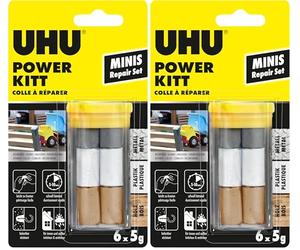 UHU Power kitt - Pâte à Réparer Minis - Formule Epoxy Extra Forte - Tous Matériaux & Surfaces - Intérieur/Extérieur - Résistante à L'Eau - Gris - Tube de 6 x 5 g (Lot de 2)