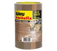 UHU Rollafix - Rubans adhésif d'emballage brun, lot de 3 rubans 66m x 50mm
