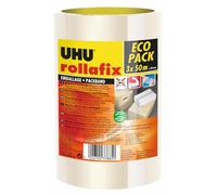 UHU Rollafix - Ruban adhésif d'emballage transparent, lot de 3 rubans 50m x 50mm