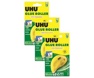 UHU Roller de colle non permanent - Colle de façon non permanente et repositionnable, rapide, propre, précis et instantané, sans solvants, transparent, 8,5 m x 6,5 mm (Lot de 3)