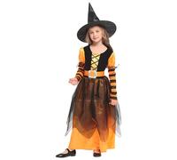 UieaMsio Verkleidung Halloween Cosplay Mädchen Hexenkostüm mit Hut Kinder Hexen Kleid Witch Karneval Fasching Party Outfits (Yellow, M)