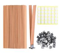UieoKakeh 120 Mèches de Bougie en Bois, 60 Supports en Fer, 60 Autocollants pour Mèches, Âmes de Bougie en Bois pour la Fabrication de Bougies Maison