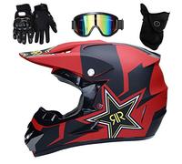 UIGJIOG Casque de moto pour enfant, casque de cross avec masque gants lunettes, casques de VTT intégral set pour moto hors route de descente, rouge, L (56~57cm)
