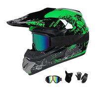 UIGJIOG Moto Motocross Casques,Imprimé Floral Vert et Orange Casque Integral VTT with Goggle Gants Masque Comprend 4 Tailles de Casque Adulte Enfant de Trottinette de Descente Dot Certifié,Vert