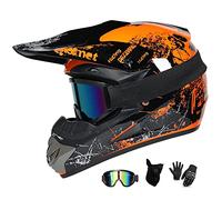 UIGJIOG Moto Motocross Casques,Imprimé Floral Vert et Orange Casque Integral VTT with Goggle Gants Masque Comprend 4 Tailles de Casque Adulte Enfant de Trottinette de Descente Dot Certifié,Orange