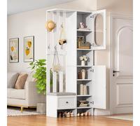 UIHECTA Armoires Compactes, Meubles Maison 2 Armoires, Armoire Rangement en Verre Trempé, Ensemble Penderie Meuble D'EntréE Blanc, Porte-Manteau Banc à Chaussures et Coussin