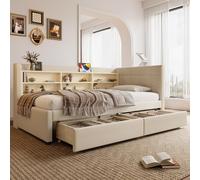 UIHECTA Cadre Lit d'angle Complet avec BibliothèQue et Bureau, Maison-Lit avec Station Charge et 2 Tiroirs Rangement, Lit Plateforme Complet pour Adolescents et Enfants,B3