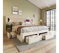 UIHECTA Chambre ComplèTe, Lit Double Rembourré avec 2 Tables De Chevet Et 4 Tiroirs, Lampe De Lecture avec TêTe Lit Et Chargeur USB,Beige,160cm*200cm
