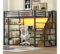 UIHECTA Lit Mezzanine Double Bureau Et Escalier, Structure Lit Mezzanine en MéTal avec Rangement et éClairage LED, Lit-Bureau Combiné Lits Mezzanine Gamer Armoire et éTagèRes Enfants