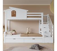 UIHECTA Lits SuperposéS Enfants (Jumeaux SuperposéS) Toboggan et Lit Gigogne, Structure Lit Superposé en Bois Massif Escalier et Rangement, Lit Superposé Cabane Toit et FenêTre,Natural Solid Wood
