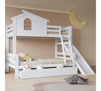 UIHECTA Lits SuperposéS Enfants (Jumeaux SuperposéS) Toboggan et Lit Gigogne, Structure Lit Superposé en Bois Massif Escalier et Rangement, Lit Superposé Cabane Toit et FenêTre,Solid Wood MDF