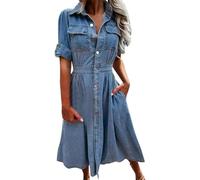 UIILO Mode Printemps Eté Robe en Jean Casual Bleu Bouton Chemise Longueur Genou Lâche Soirée Robe Trapèze (Bleu,XL)