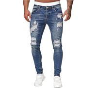 UIILO Pantalon en Denim Homme Coupe Slim Trou Frotté DéContracté Jeans Chino à La Mode Zipper Jean (Bleu，L)