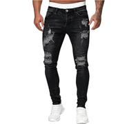 UIILO Pantalon en Denim Homme Coupe Slim Trou Frotté DéContracté Jeans Chino à La Mode Zipper Jean (Noir，L)