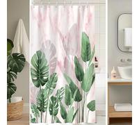 Uiiooazy Rideau Douche Anti Moisissure, Rideau de Douche 120x180cm Tropical Feuilles de Palmier Vert Jungle Marbre Rose Rideaux de Baignoire Tissu Lavable Imperméable Rideaux de Bain avec 8 Crochets