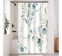 Uiiooazy Rideau Douche Anti Moisissure, Rideau de Douche 120x200cm Tissu Lavable Eucalyptus Feuilles Vert Rideaux de Baignoire Fleuri Blanc Imperméable Polyester Rideaux Salle de Bain avec 8 Crochets