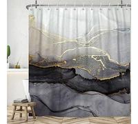 Uiiooazy Rideau Douche Anti Moisissure, Rideau de Douche 150x200cm Gris Effet Marbre Noir Doré Rideaux de Baignoire Tissu Lavable Imperméable Polyester Rideaux Salle de Bain avec 10 Crochets