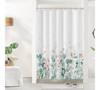 Uiiooazy Rideau Douche Anti Moisissure, Rideau de Douche 150x200cm Vert Sauge Feuilles d'eucalyptus Fleur Rose Rideaux de Baignoire Tissu Lavable Imperméable Rideaux Salle de Bain avec 10 Crochets