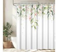 Uiiooazy Rideau Douche Anti Moisissure, Rideau de Douche 180x200cm Vert Clair Feuilles d'eucalyptus Fleuri Rose Rideaux de Baignoire Tissu Lavable Imperméable Rideaux Salle de Bain avec 12 Crochets