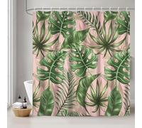Uiiooazy Rideau Douche Anti Moisissure, Rideau de Douche 180x240cm Tropical Feuilles de Palmier Vert Jungle Rose Rideaux de Baignoire Tissu Lavable Imperméable Rideaux Salle de Bain avec 12 Crochets