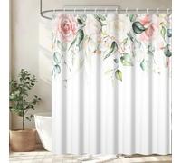 Uiiooazy Rideau Douche Anti Moisissure, Rideau Douche 180x200cm Feuilles d'eucalyptus Vert Fleuri Rose Rideaux de Baignoire Tissu Lavable Imperméable Polyester Rideaux Salle de Bain avec 12 Crochets