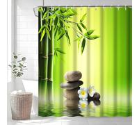 Uiiooazy Rideau Douche Bambou, Rideau de Douche Anti Moisissure 180x180cm Vert Zen Gris Pierre Cailloux Japonais Rideaux de Baignoire Imperméable Tissu Lavable Rideaux Salle de Bain avec 12 Crochets